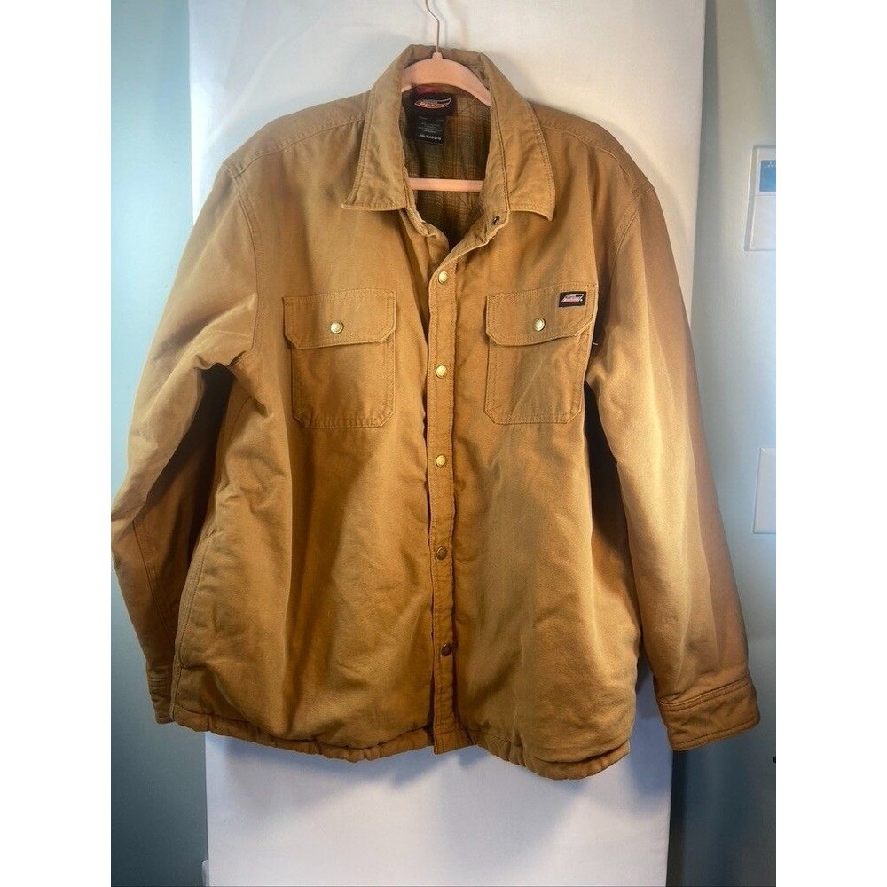 DICKIES MENS 2XL TAN CANVAS SNAP UP LONG SLEEVE SIDE POCKET SHACKET JACKET LINED